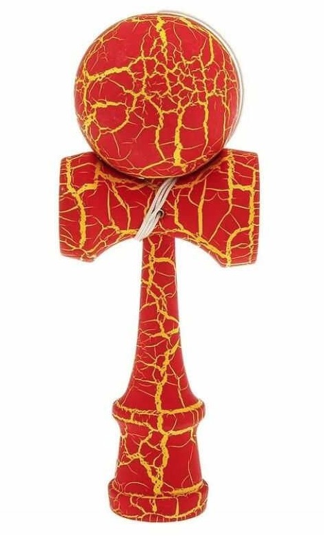 Kendama profesionala din lemn 18 cm model clasic cu design crapat culoare Rosu/Galben
